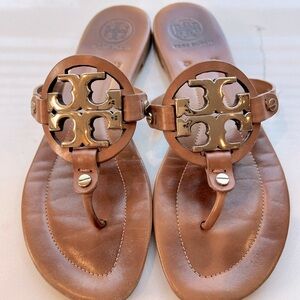 Tory Burch Miller Metal Logo Sandal Gold/Cognac Size 8.5